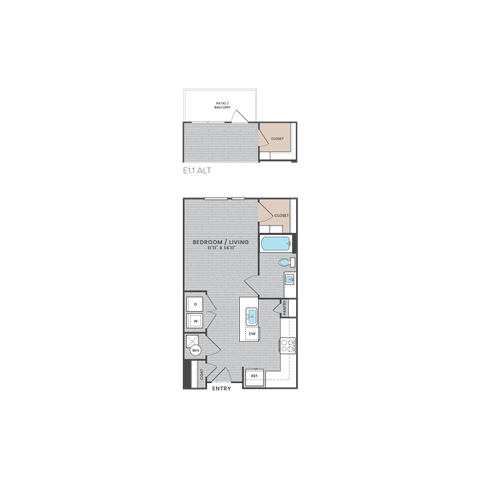A floor plan of a house with a bedroom, living room, and kitchen.